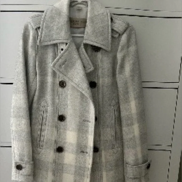 Burberry Light Gray Plaid Double-Breasted Pea Coat - Picture 1 of 4